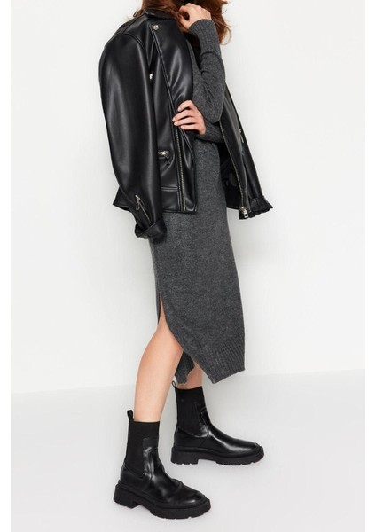 Oversize Casual Günlük Dolu Iğne Triko Balıkçı Yaka Uzun Kol Shift Midi Boy Elbise
