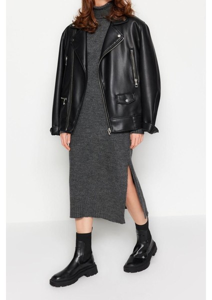 Oversize Casual Günlük Dolu Iğne Triko Balıkçı Yaka Uzun Kol Shift Midi Boy Elbise