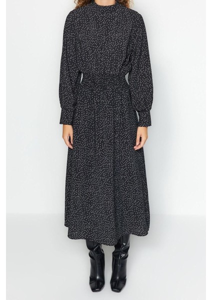 Yeni Regular Casual Günlük Lilyum Dokuma Dik Yaka Uzun Kol Shift Maxi Boy Tesettür Elbise