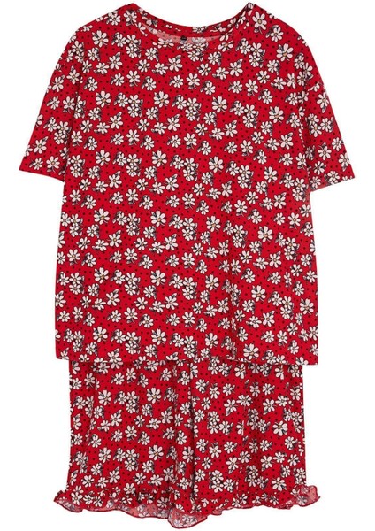 Büyük Beden Kadın Polyester Bisiklet Yaka Kısa Kol Çiçek Desenli Örme Pijama Takımı