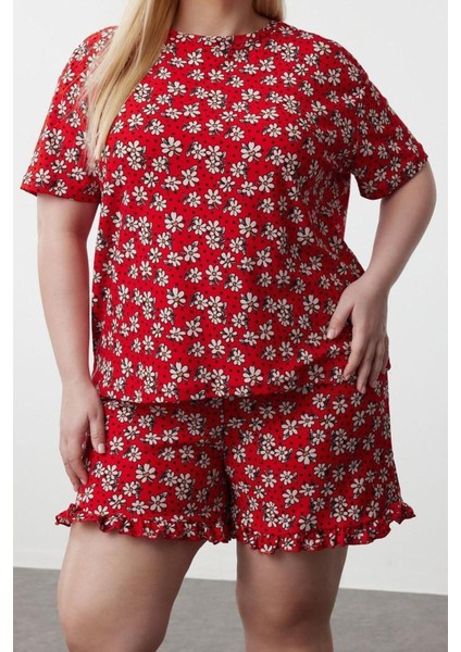 Büyük Beden Kadın Polyester Bisiklet Yaka Kısa Kol Çiçek Desenli Örme Pijama Takımı fiyatları