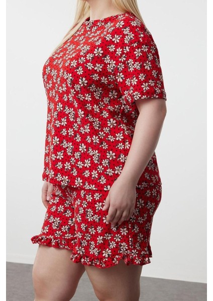 Büyük Beden Kadın Polyester Bisiklet Yaka Kısa Kol Çiçek Desenli Örme Pijama Takımı modelleri