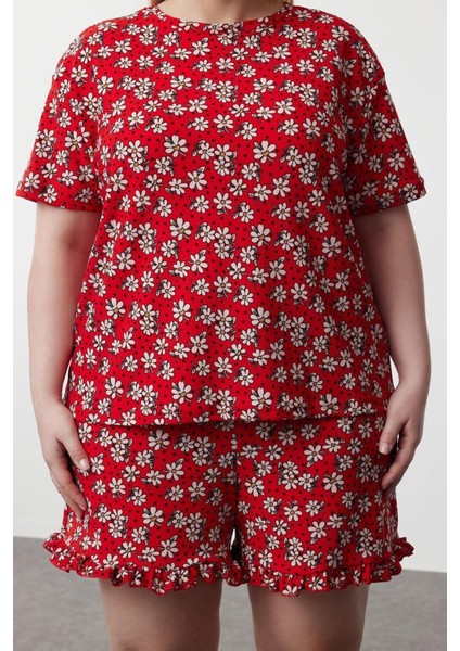 Büyük Beden Kadın Polyester Bisiklet Yaka Kısa Kol Çiçek Desenli Örme Pijama Takımı fırsatları