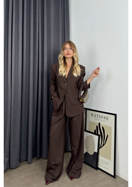 Koyu Kahve Fileto Cepli Astarlı Oversize Blazer Ceket