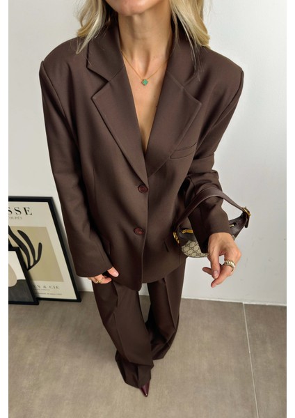Koyu Kahve Fileto Cepli Astarlı Oversize Blazer Ceket
