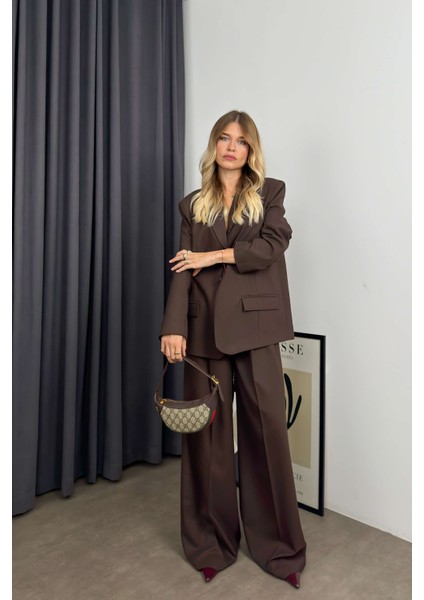Koyu Kahve Fileto Cepli Astarlı Oversize Blazer Ceket