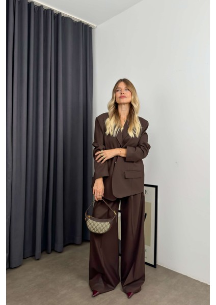 Koyu Kahve Fileto Cepli Astarlı Oversize Blazer Ceket