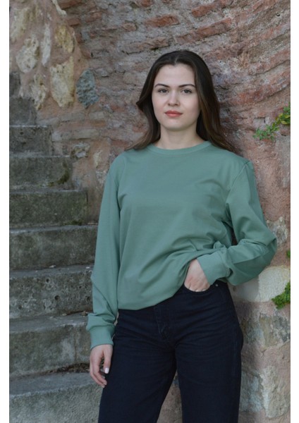 Su Yeşili Unisex Bisiklet Yaka Regular Fit Düz Sweatshirt