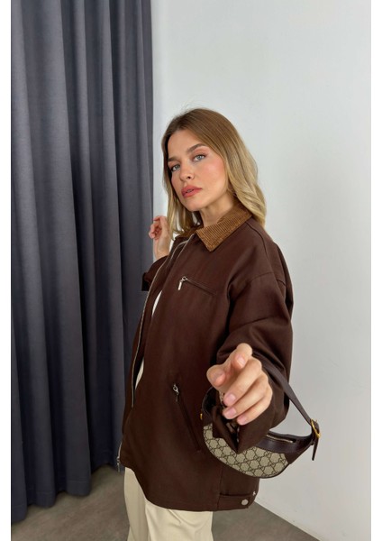 Koyu Kahve Kadife Yakalı Oversize Gabardin Ceket