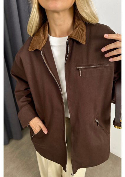 Koyu Kahve Kadife Yakalı Oversize Gabardin Ceket