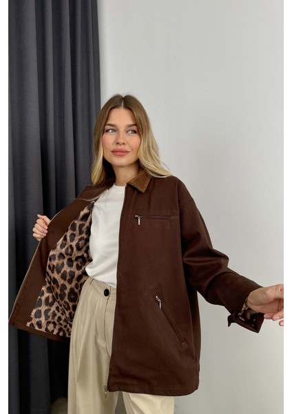Koyu Kahve Kadife Yakalı Oversize Gabardin Ceket