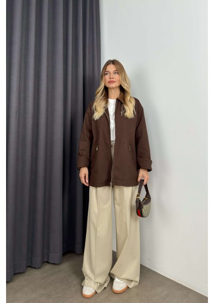 Koyu Kahve Kadife Yakalı Oversize Gabardin Ceket