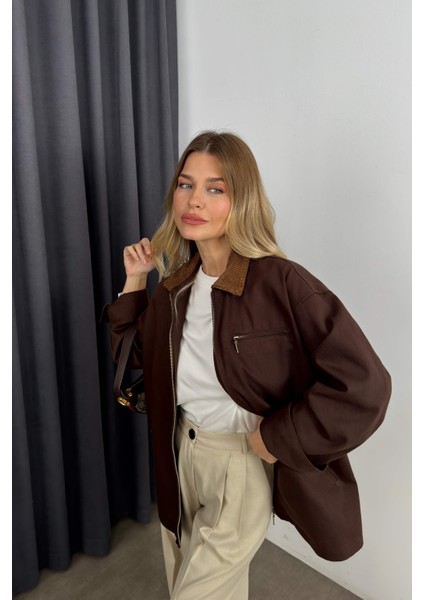 Koyu Kahve Kadife Yakalı Oversize Gabardin Ceket