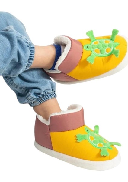 Çocuk Figürlü Panduf Ev Pandufu Ev Ayakkabısı Ev Botu Kreş Okul Ayakkabısı SARI - PUDRA