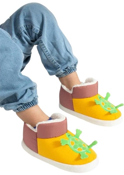 Çocuk Figürlü Panduf Ev Pandufu Ev Ayakkabısı Ev Botu Kreş Okul Ayakkabısı SARI - PUDRA