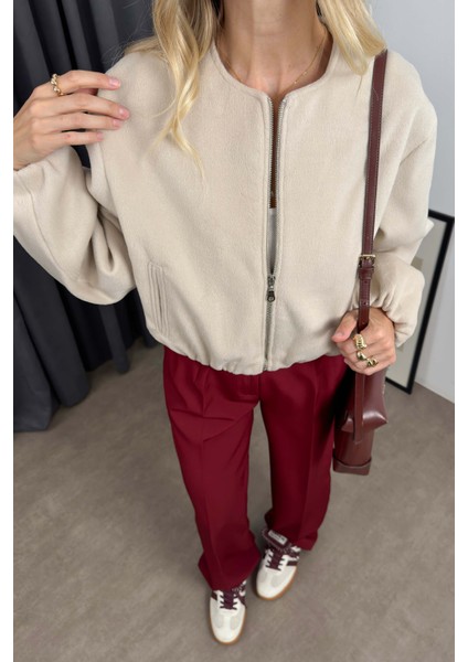 Bej Bisiklet Yaka Fermuarlı Astarlı Beli Lastikli Kaşe Ceket fiyatları