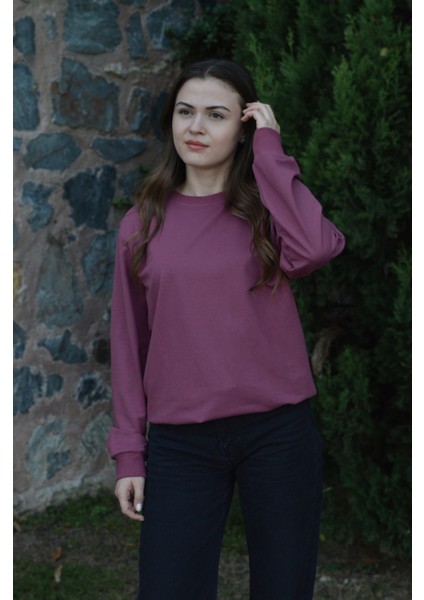 Gül Pembesi Unisex Bisiklet Yaka Regular Fit Düz Sweatshirt
