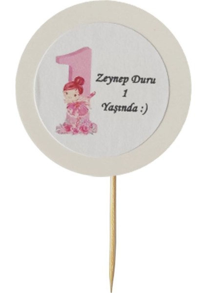 Beyhan Bayhan 20 Adet Kişiye Özel Pembe Yuvarlak Bayraklı 1 Yaş Kürdanı - Toothpick