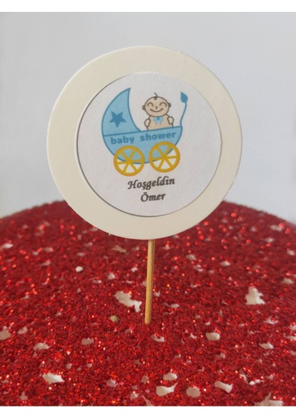 20 Adet Kişiye Özel Yuvarlak Bayraklı Mavi Hoşgeldin Bebek Kürdanı - Toothpick modelleri