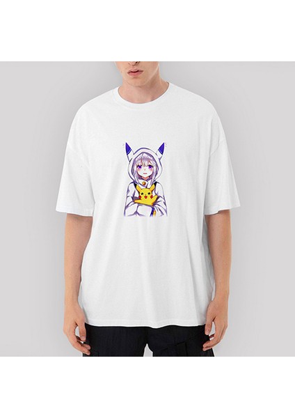 Re Zero Emilia And Pikachu Oversize Beyaz Tişört