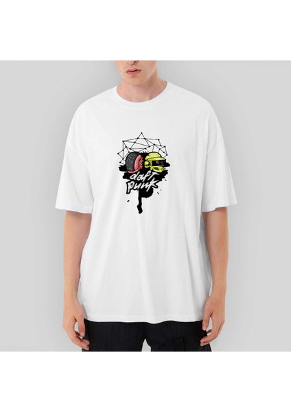 Daft Punk Cartoon Head Oversize Beyaz Tişört