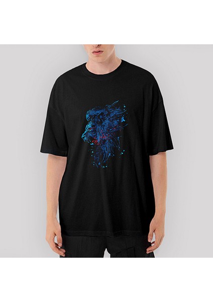 Blue Lion Splash Oversize Siyah Tişört