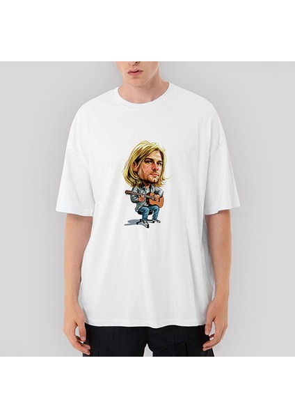 Kurt Cobain Cartoon Oversize Beyaz Tişört
