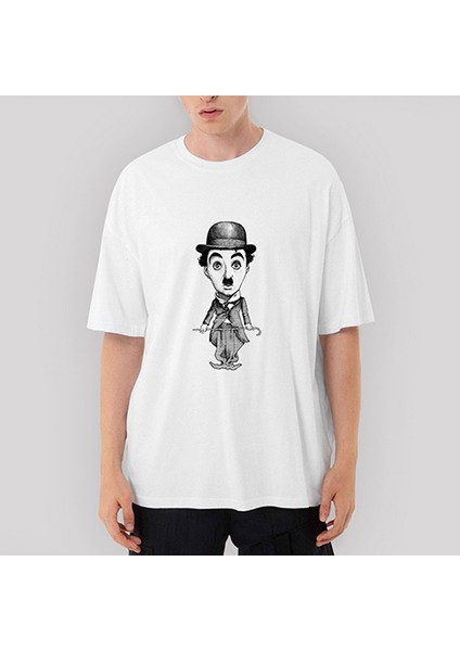 Charlie Chaplin Karikatür Oversize Beyaz Tişört