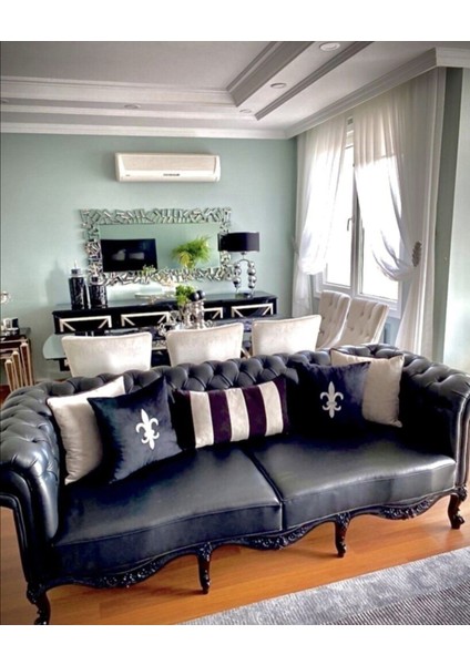 Fleur De Lis Nakışlı Kırlent Kılıfı Siyah - Gümüş fiyatları