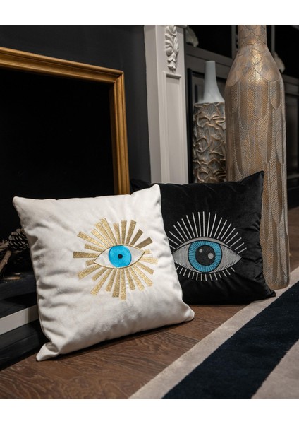 Gold Göz Nakışlı Kırlent Kılıfı Ekru - Gold fiyatları