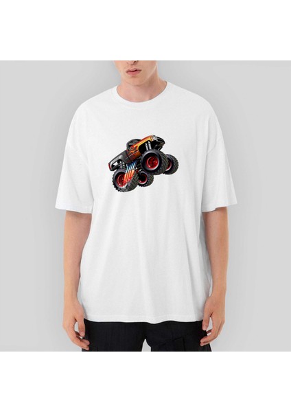Cartoon Monster Truck Oversize Beyaz Tişört