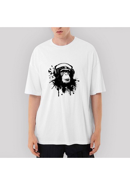 Maymun ve Müzik Oversize Beyaz Tişört