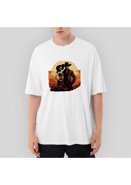 Skeleton Cowboy Lover Oversize Beyaz Tişört