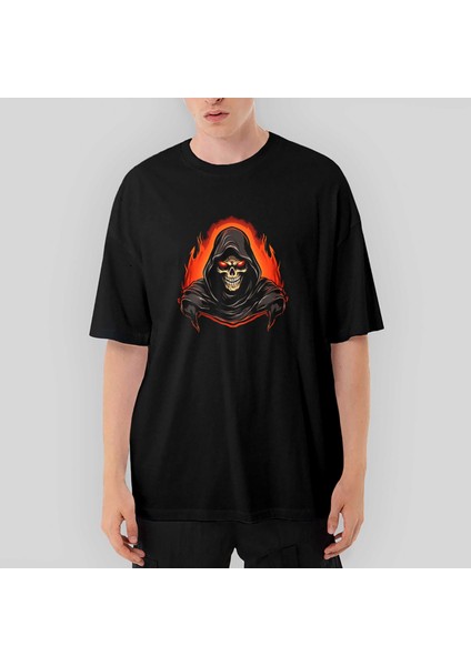 Skeleton Ghost Fire Oversize Siyah Tişört