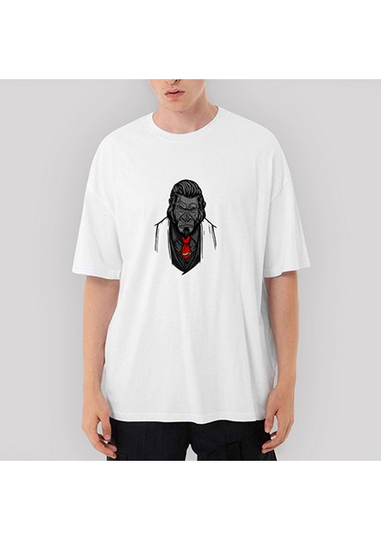Goril Illüstrasyon Oversize Beyaz Tişört