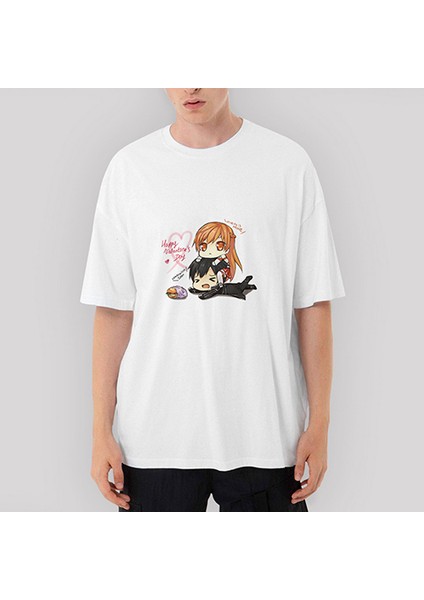 Sword Art Online Asuna And Kirito Oversize Beyaz Tişört