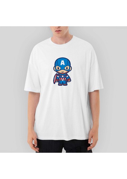 Captain America Animation Oversize Beyaz Tişört