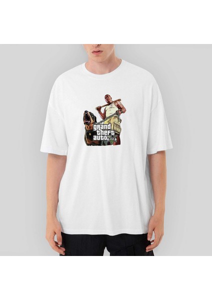 Grand Theft Auto Five Dog And Man Oversize Beyaz Tişört