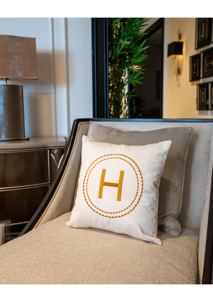 H Araba Nakışlı Kırlent Kılıfı Ekru-Kiremit