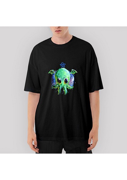 Ahtapot Sevimli Oversize Siyah Tişört