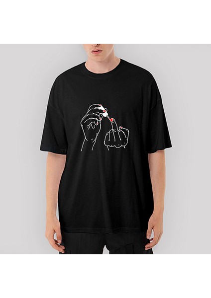 Bad Girl Middle Finger Oversize Siyah Tişört