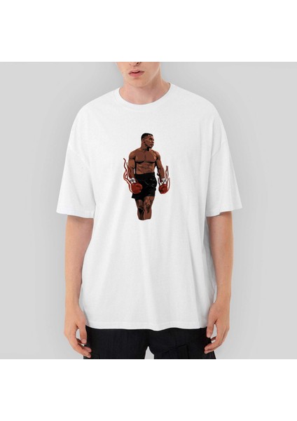 Mike Tyson Fire Boxing Gloves Oversize Beyaz Tişört