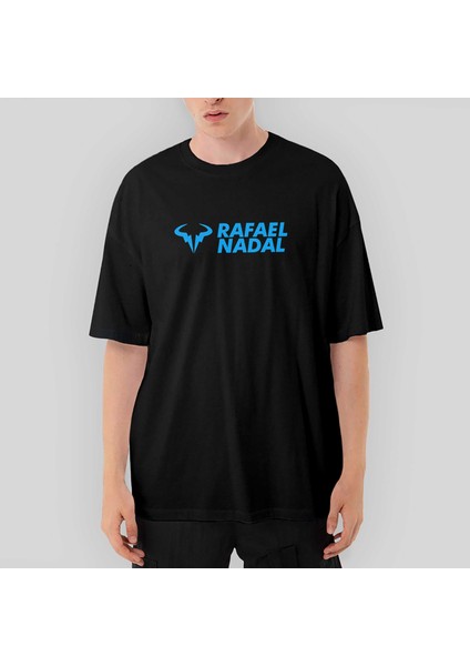 Rafael Nadal Blue Logo Text Oversize Siyah Tişört