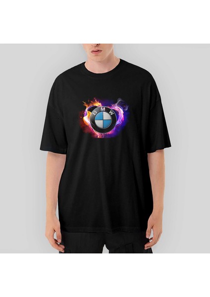 Bmw Heart Colorful Logo Oversize Siyah Tişört