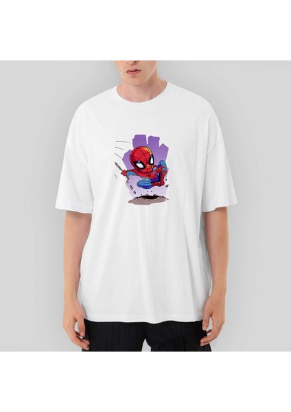 Spiderman Cartoon Oversize Beyaz Tişört