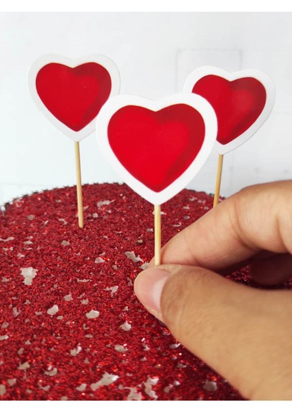 30 Adet Dekoratif Karton Kırmızı Kalp Pasta Kürdanı - Kalpli Kokteyl Kürdanı