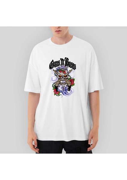 Guns N Roses Skull And Gun Oversize Beyaz Tişört