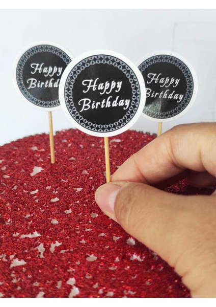 Beyhan Bayhan 30 Adet Dekoratif Siyah Karton Happy Birthday Yazılı Pasta Kürdanı 6,5 cm