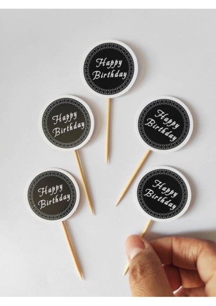 Beyhan Bayhan 30 Adet Dekoratif Siyah Karton Happy Birthday Yazılı Pasta Kürdanı 6,5 cm modelleri
