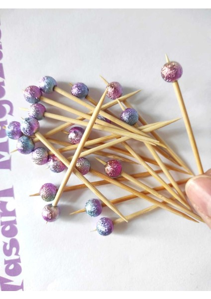 100 Adet Dekoratif Pembe Geçişli Simli Boncuklu Kokteyl Kürdanı 6 cm - Boncuk 8 mm - Pasta Kürdanı